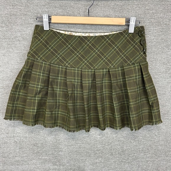 Y2K 2000s Academia Plaid Micro Mini Skirt Green Pleated Fringed Hem - Picture 1 of 10